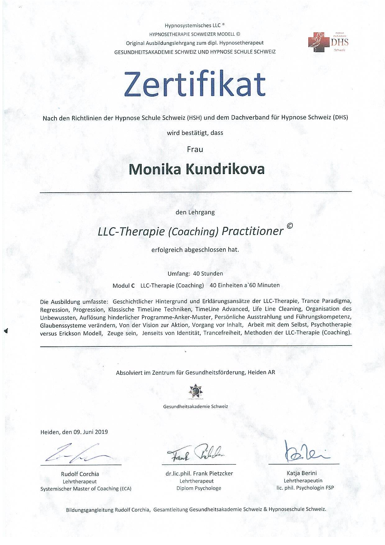 Zertifikat für LLC Therapie
